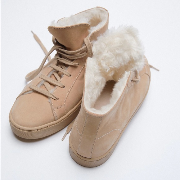 ZARA LEATHER SNEAKERS WITH FUR LINING - Picture 1 of 11